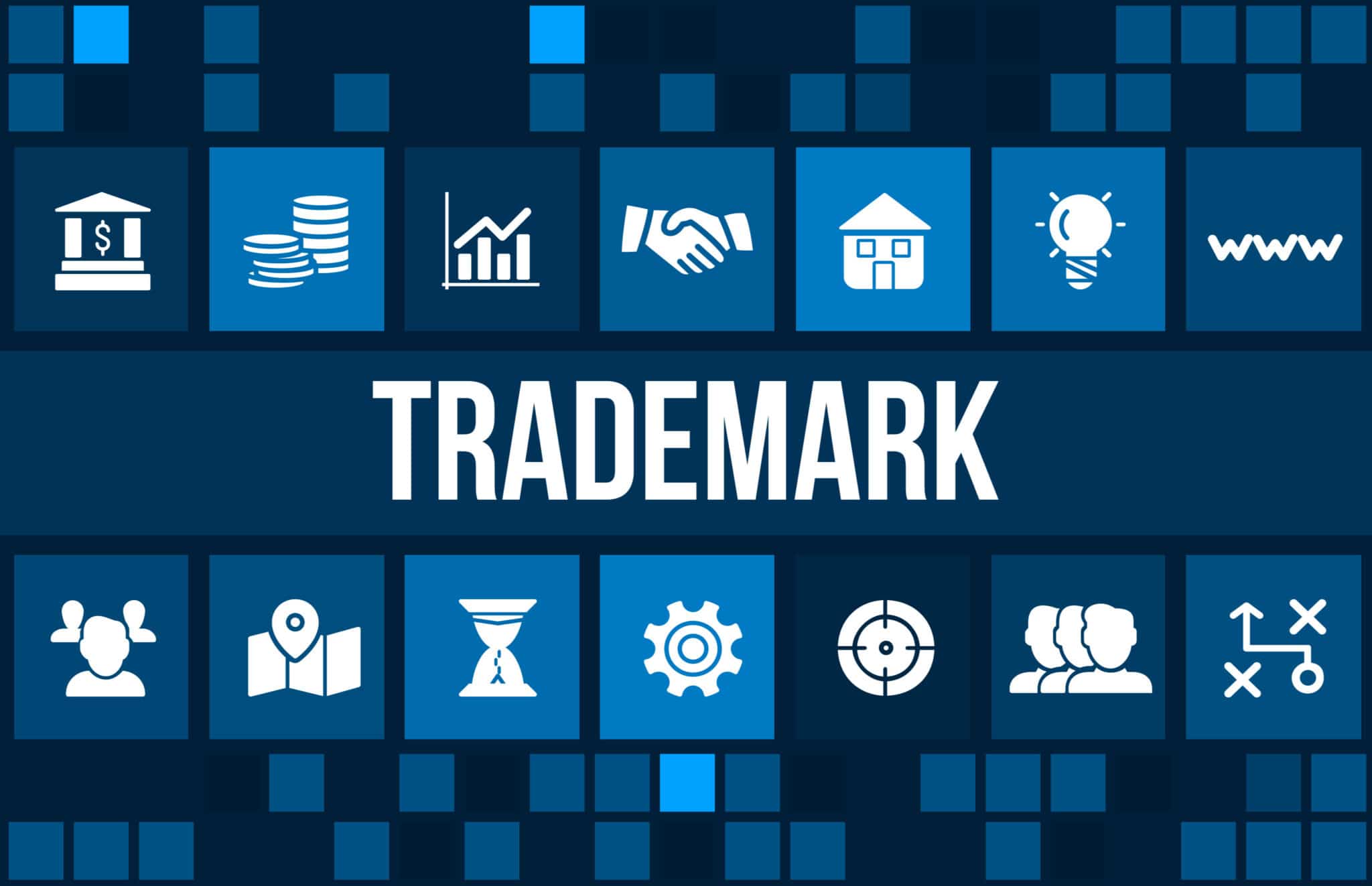 Trademark concept image with business icons and copyspace.