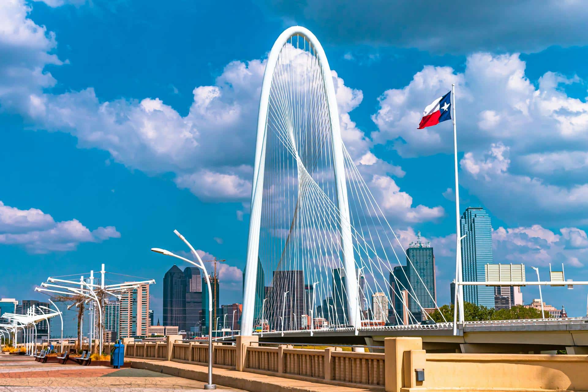 White bridge with a flag of Texas