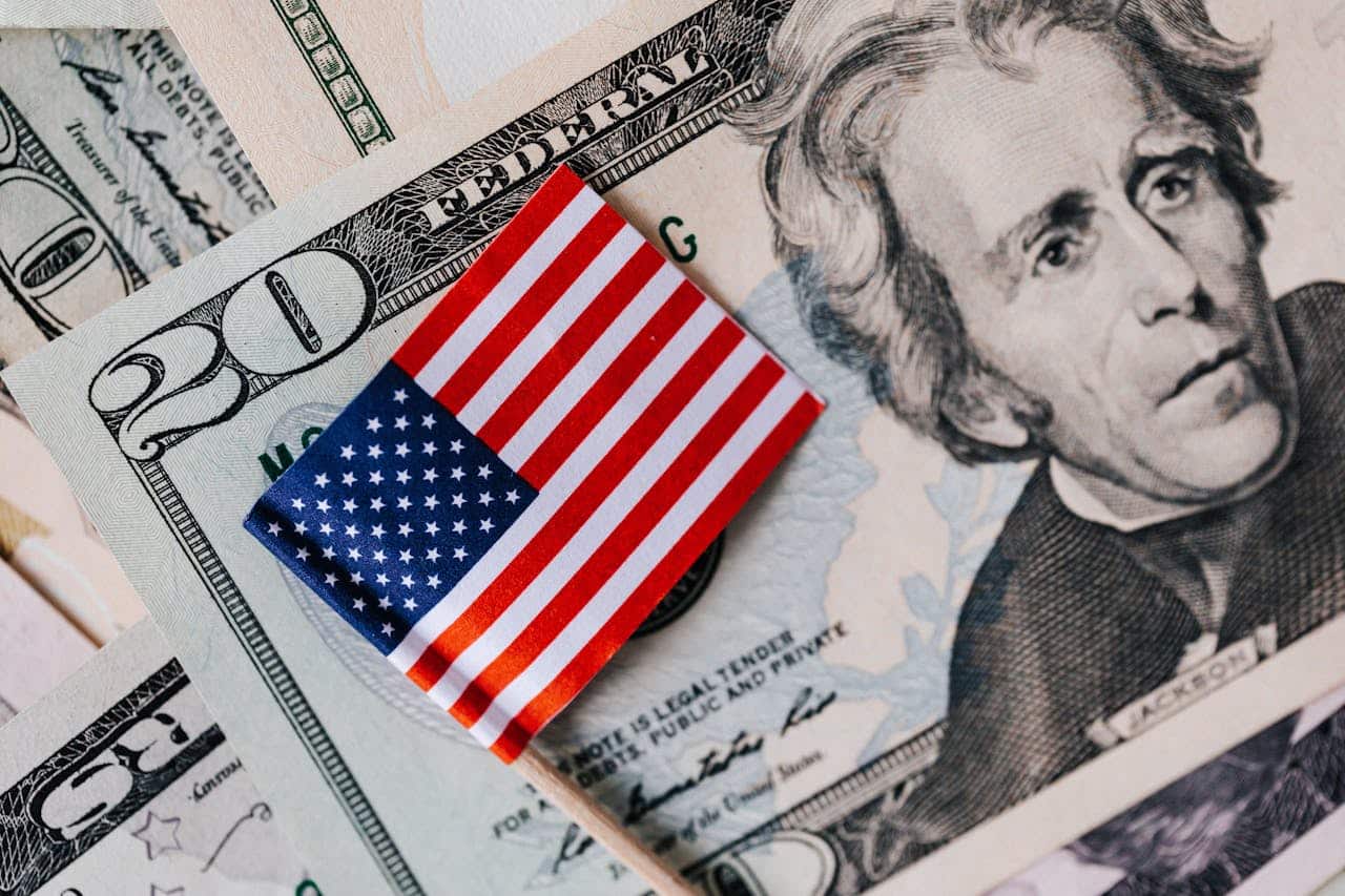 Twenty-dollar bill with an American flag