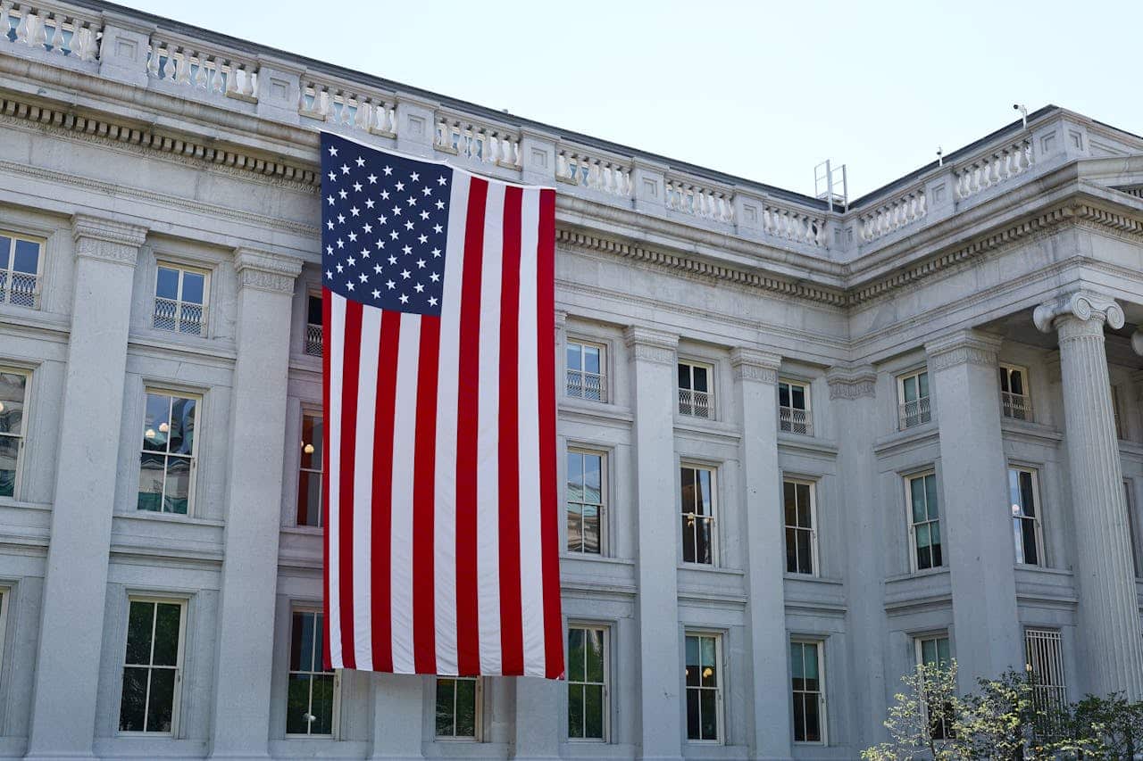 American flag on a historic building
