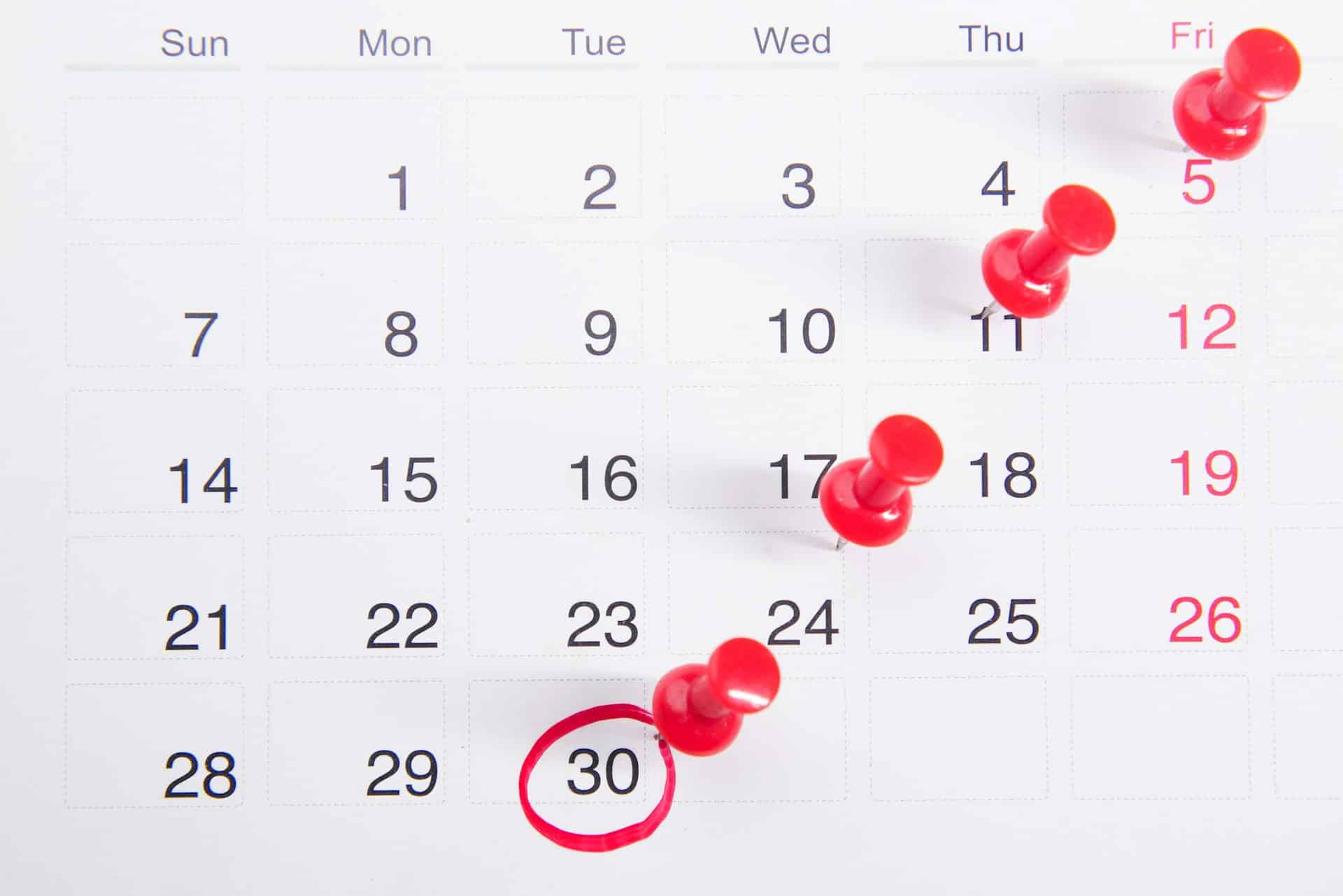Close-up of a calendar with red push pins on it