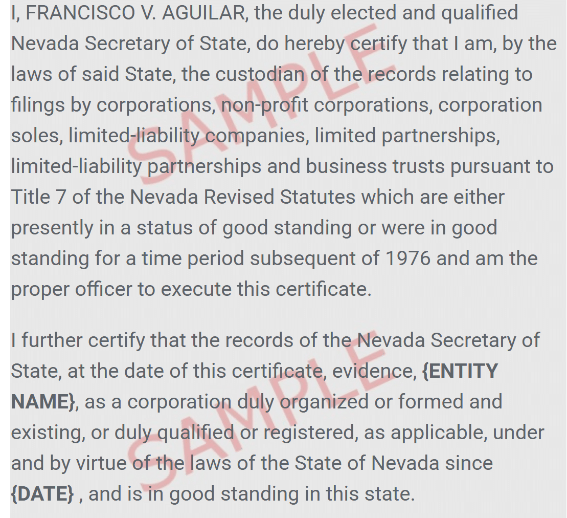 A sample short-form Certificate of Existence