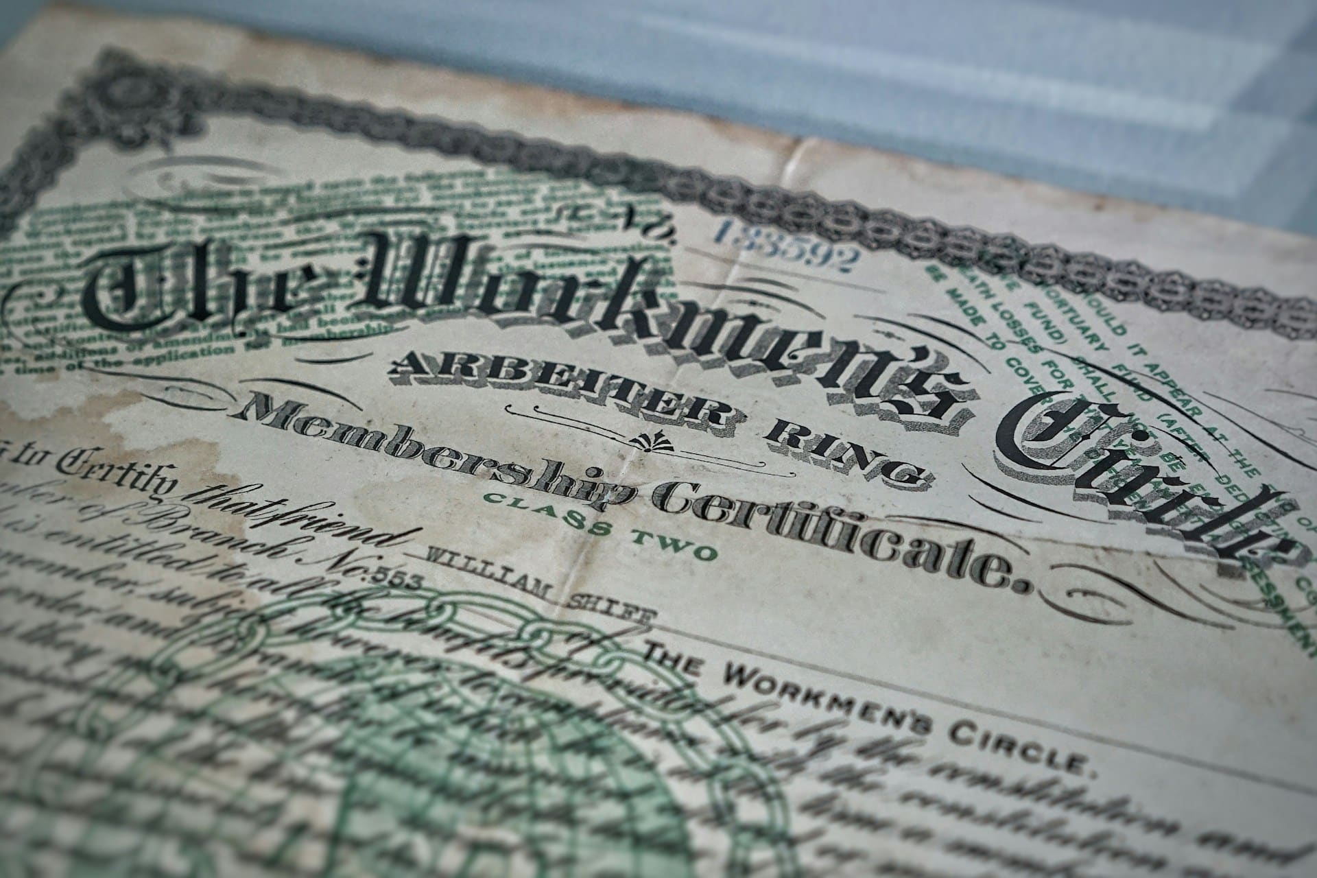 Close-up of a membership certificate