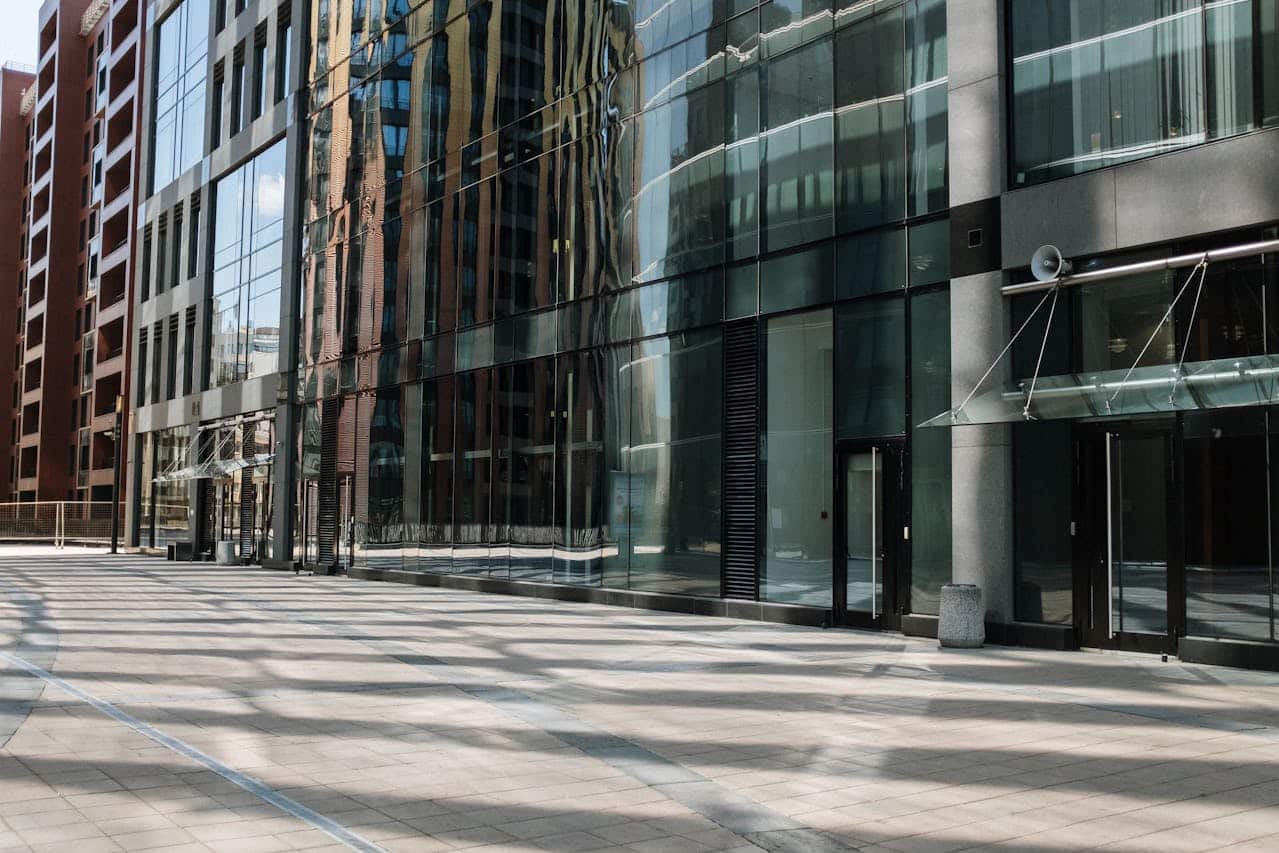 The entrance of an office building