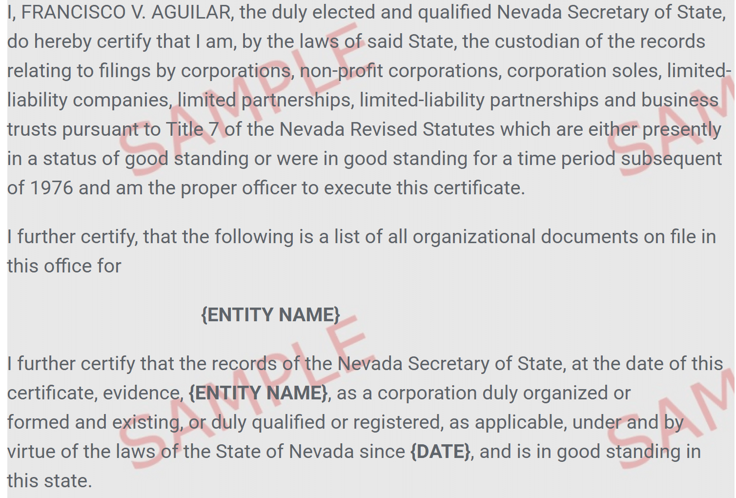 A sample long-form Certificate of Existence
