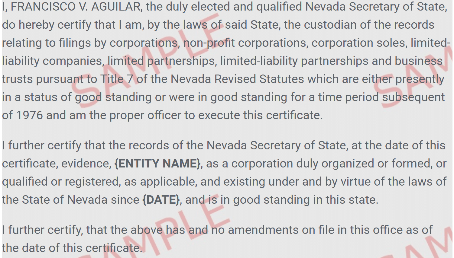 A sample of a long-form Certificate of Existence with amendments